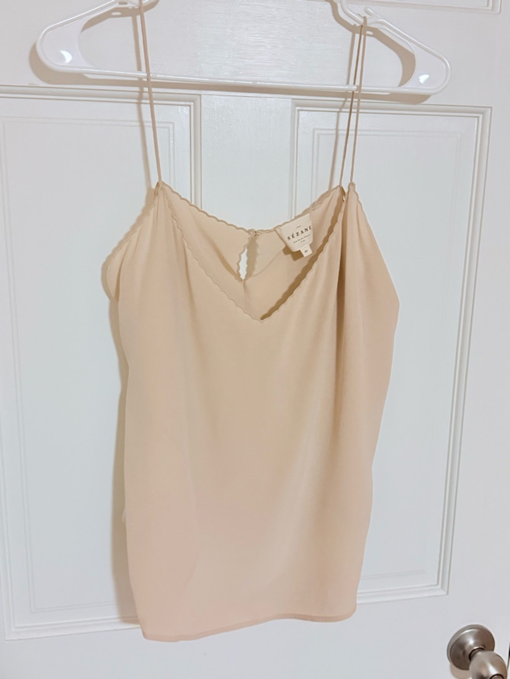 Sezane Scalloped V-Neck Silk-Camisole in Beige